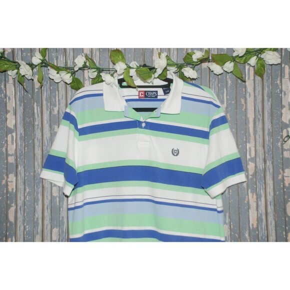 Chaps Mens Short Sleeve Polo Shirt Size L White Blue & Green Striped Preppy Golf - Picture 2 of 7